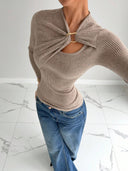 Malaysia | Ribbed Cutout Knit Top – Casual Long Sleeve Draped Buckle Front