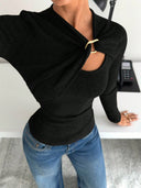 Malaysia | Ribbed Cutout Knit Top – Casual Long Sleeve Draped Buckle Front