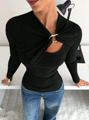 Malaysia | Ribbed Cutout Knit Top – Casual Long Sleeve Draped Buckle Front