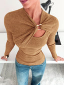 Malaysia | Ribbed Cutout Knit Top – Casual Long Sleeve Draped Buckle Front