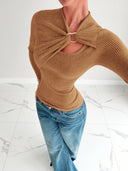 Malaysia | Ribbed Cutout Knit Top – Casual Long Sleeve Draped Buckle Front