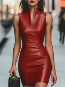 Maleah | Glossy Mini Dress – Evening Stand Collar Sleeveless Front Notch