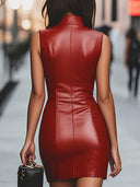 Maleah | Glossy Mini Dress – Evening Stand Collar Sleeveless Front Notch