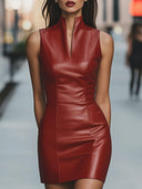 Maleah | Glossy Mini Dress – Evening Stand Collar Sleeveless Front Notch