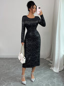 Maliyah | Glitter Midi Dress – Evening Round Neck Long Sleeve Beaded Fringe