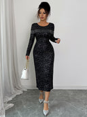 Maliyah | Glitter Midi Dress – Evening Round Neck Long Sleeve Beaded Fringe