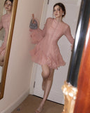 Mandy | Chiffon Mini – Round Neck Button Front Ruffle Cuff Party Occasion Dress