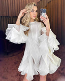Mandy | Chiffon Mini – Round Neck Button Front Ruffle Cuff Party Occasion Dress