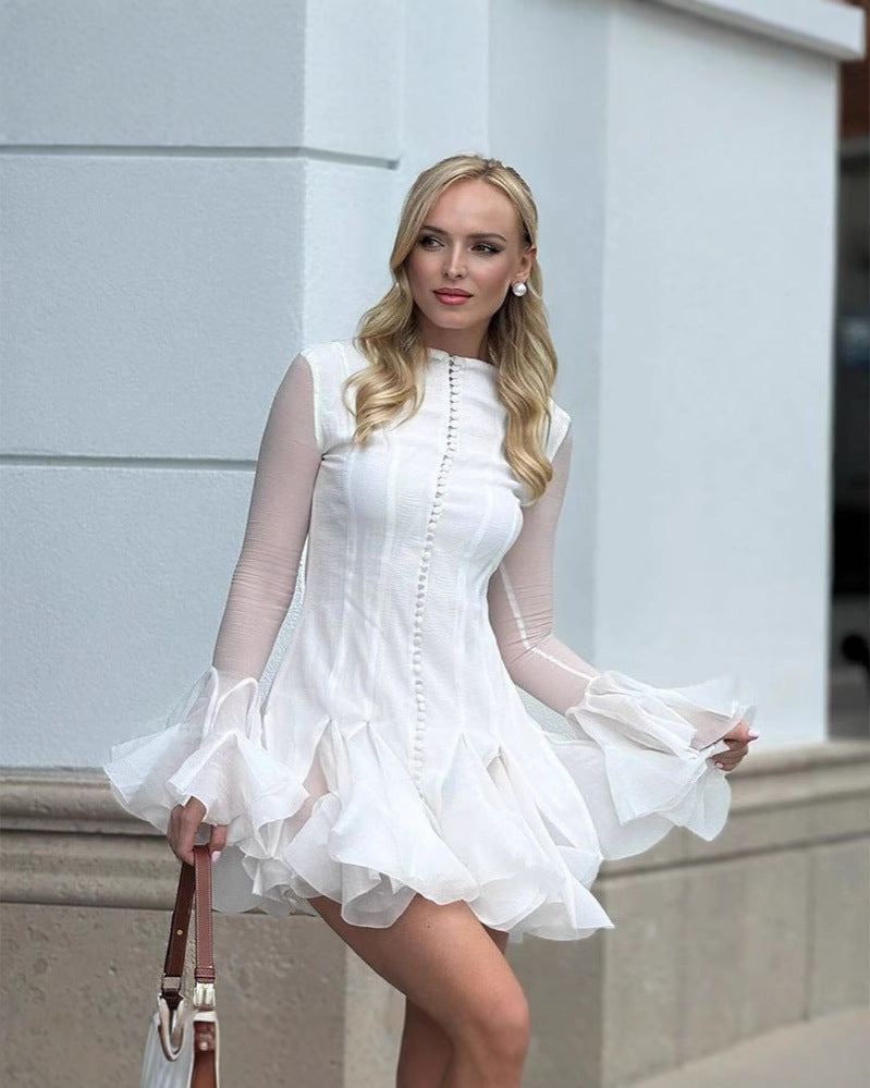 Mandy | Chiffon Mini – Round Neck Button Front Ruffle Cuff Party Occasion Dress