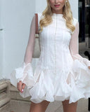 Mandy | Chiffon Mini – Round Neck Button Front Ruffle Cuff Party Occasion Dress