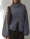 Maren | Striped Cropped Cardigan – High Neck Zip Front Long Sleeve Daily Wear