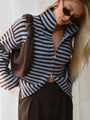 Maren | Striped Cropped Cardigan – High Neck Zip Front Long Sleeve Daily Wear