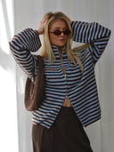 Maren | Striped Cropped Cardigan – High Neck Zip Front Long Sleeve Daily Wear
