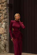 Mariela | Ruched Maxi Dress – Evening High Neck Long Sleeve Side Cutouts