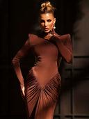 Mariela | Ruched Maxi Dress – Evening High Neck Long Sleeve Side Cutouts
