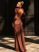 Mariela | Ruched Maxi Dress – Evening High Neck Long Sleeve Side Cutouts
