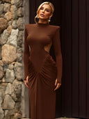 Mariela | Ruched Maxi Dress – Evening High Neck Long Sleeve Side Cutouts