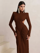 Mariela | Ruched Maxi Dress – Evening High Neck Long Sleeve Side Cutouts