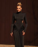 Mariela | Ruched Maxi Dress – Evening High Neck Long Sleeve Side Cutouts
