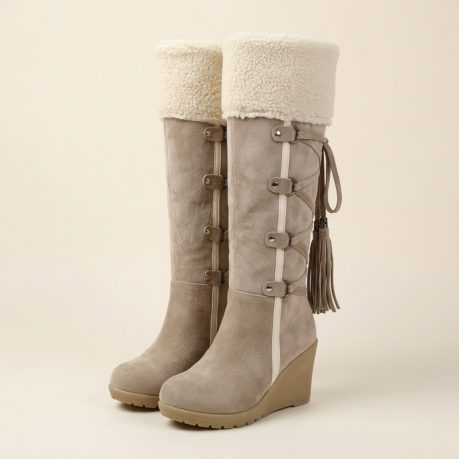 Marielle | Mid Calf Winter Boots – Casual Wedge Heel Buckle Strap Plush Cuff