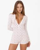 Marilyn | Floral Print Romper – Sleepwear Deep V Neck Long Sleeve Button Front