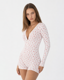 Marilyn | Floral Print Romper – Sleepwear Deep V Neck Long Sleeve Button Front