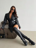 Maristela | Glossy Blazer Jacket – Evening Belted Lapel Long Sleeve