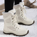 Marjorie | Mid Calf Winter Boots – Lace Up Round Toe Fuzzy Trim Lug Sole