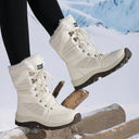 Marjorie | Mid Calf Winter Boots – Lace Up Round Toe Fuzzy Trim Lug Sole