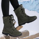 Marjorie | Mid Calf Winter Boots – Lace Up Round Toe Fuzzy Trim Lug Sole