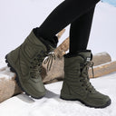 Marjorie | Mid Calf Winter Boots – Lace Up Round Toe Fuzzy Trim Lug Sole