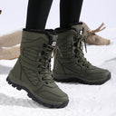 Marjorie | Mid Calf Winter Boots – Lace Up Round Toe Fuzzy Trim Lug Sole