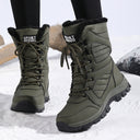 Marjorie | Mid Calf Winter Boots – Lace Up Round Toe Fuzzy Trim Lug Sole