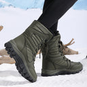 Marjorie | Mid Calf Winter Boots – Lace Up Round Toe Fuzzy Trim Lug Sole
