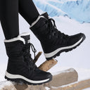 Marjorie | Mid Calf Winter Boots – Lace Up Round Toe Fuzzy Trim Lug Sole