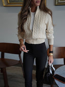Marleigh | Cable Knit Cardigan – Zip Front High Neck Long Sleeve Ribbed Trim