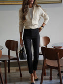 Marleigh | Cable Knit Cardigan – Zip Front High Neck Long Sleeve Ribbed Trim