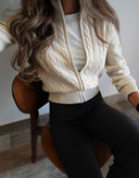 Marleigh | Cable Knit Cardigan – Zip Front High Neck Long Sleeve Ribbed Trim