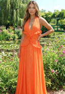 Marlowe | Halter Neck Pleated Maxi – Deep V Ruffle Bodice Wedding Guest Dress