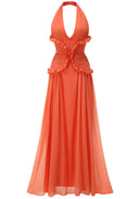 Marlowe | Halter Neck Pleated Maxi – Deep V Ruffle Bodice Wedding Guest Dress
