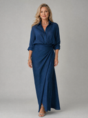 Maude | Shirt Solid Maxi Dress – Dinner Wrap Front Collared Long Sleeve