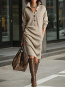 Maura | Ribbed Sweater Dress – Casual High Collar Button Front Long Sleeve