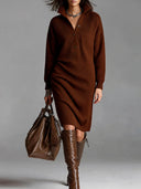 Maura | Ribbed Sweater Dress – Casual High Collar Button Front Long Sleeve