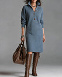 Maura | Ribbed Sweater Dress – Casual High Collar Button Front Long Sleeve