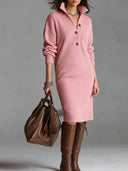 Maura | Ribbed Sweater Dress – Casual High Collar Button Front Long Sleeve