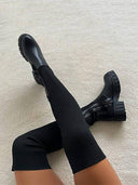 Mavis | Thigh High Sock Boots – Ribbed Upper Round Toe Chunky Lug Sole