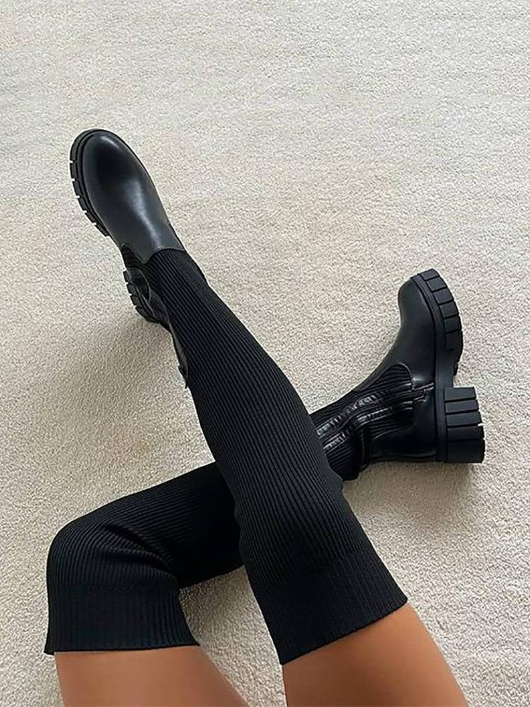 Mavis | Thigh High Sock Boots – Ribbed Upper Round Toe Chunky Lug Sole