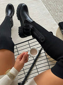 Mavis | Thigh High Sock Boots – Ribbed Upper Round Toe Chunky Lug Sole