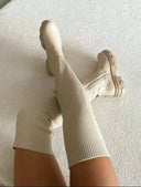 Mavis | Thigh High Sock Boots – Ribbed Upper Round Toe Chunky Lug Sole