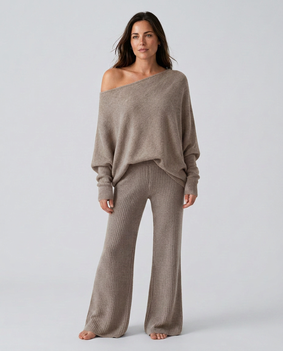 Maxine | Off Shoulder Knit Two Piece Set – Lounge Wide Leg Pants Long Sleeve